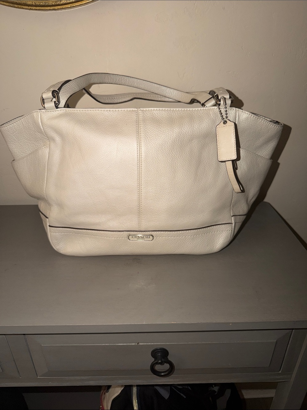 Coach Leather Shoulder Tote in Chalk White